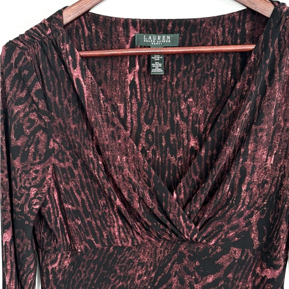 NWOT LAUREN RALPH LAUREN V NECK WRAP STYLE LONG SLEEVE BLACK/WINE DRESS SZ. 8 - Picture 9 of 13